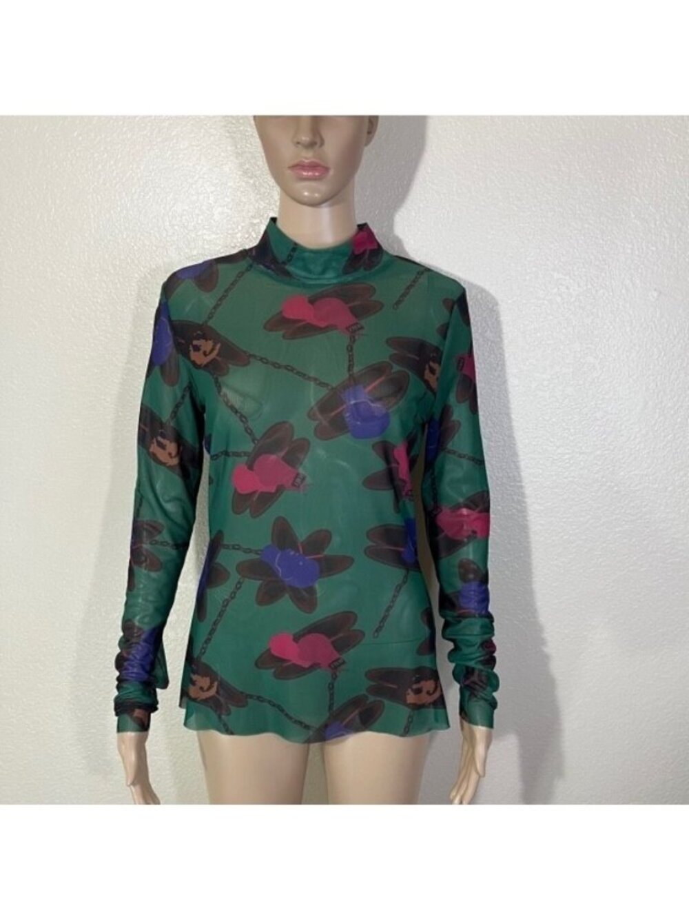Jessie Liu Green Boxing Glove Print Mesh Mock Neck Long Sleeve Shirt Top NWT L